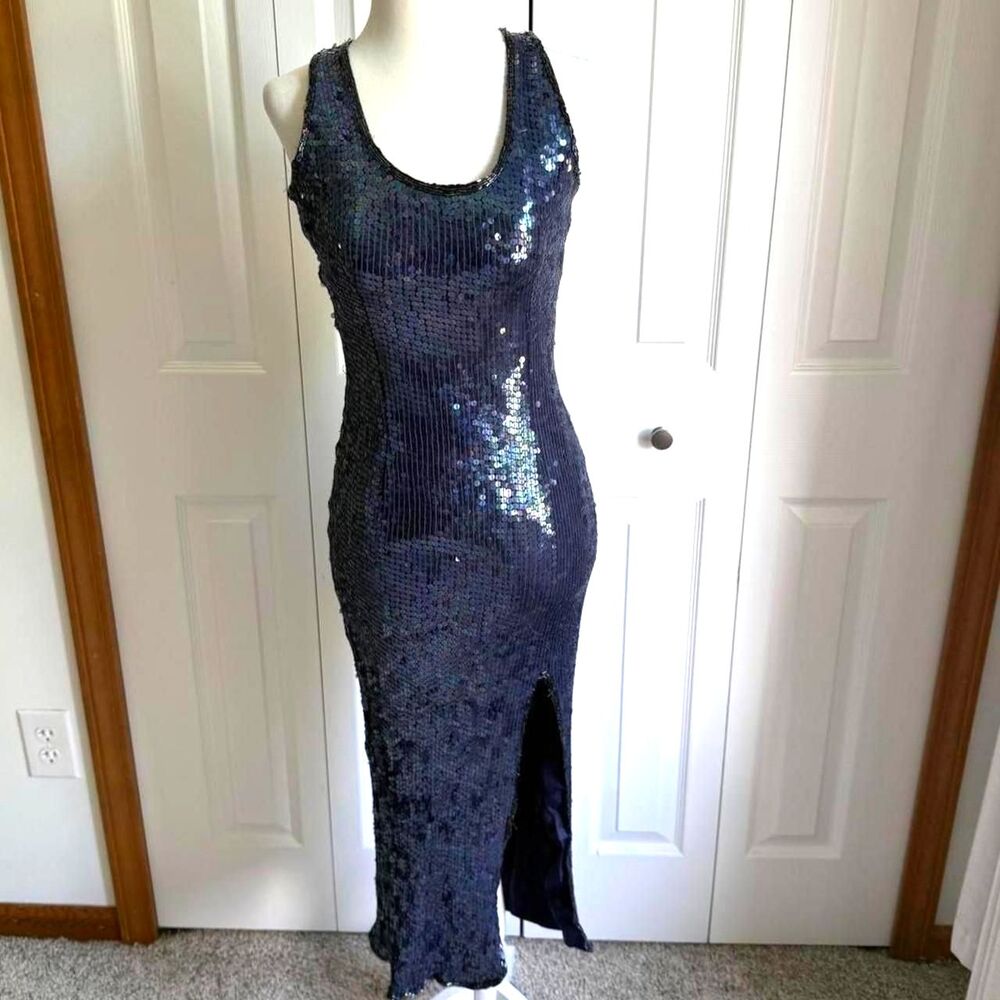 Vintage 90s blue iridescent beaded sequin 100% silk maxi dress size S